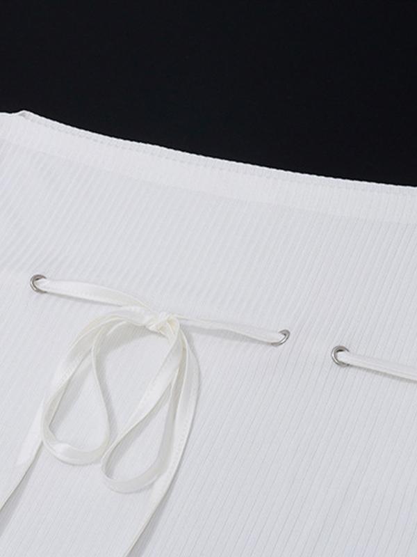 Ribbed Bow Lace Up Flare Long Sleeve Knit Product Image