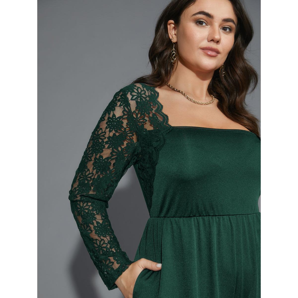 Plus Size Truegreen Lace Mesh Sleeves Square Neck Jumpsuit Women Cocktail Long Sleeve Square Neck Party Loose Jumpsuits BloomChic 14-16/1X Product Image