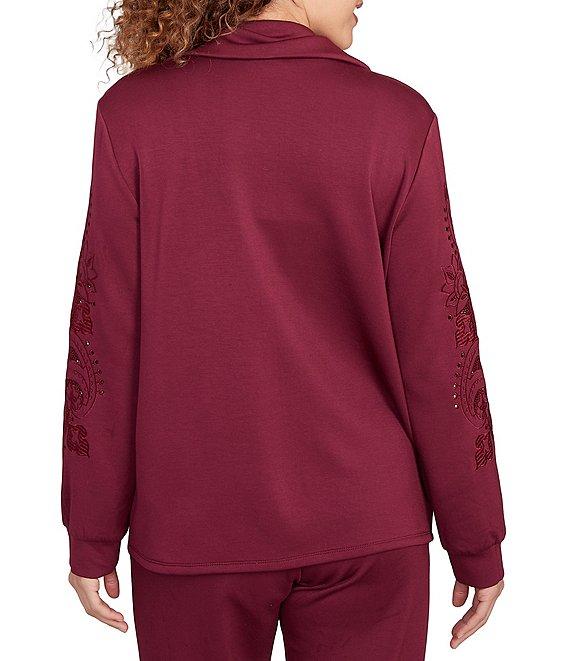 Ruby Rd. Solid Scuba Open Floral Cut-Out Embroidered Long Sleeve Snap-Front Jacket Product Image