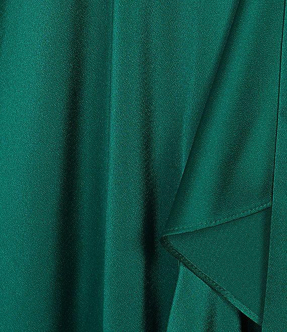 Alex Marie Lilac Satin V-Neck Long Blouson Sleeve Tie at Waist Wrap Asymmetrical Flounce Midi Dress Product Image