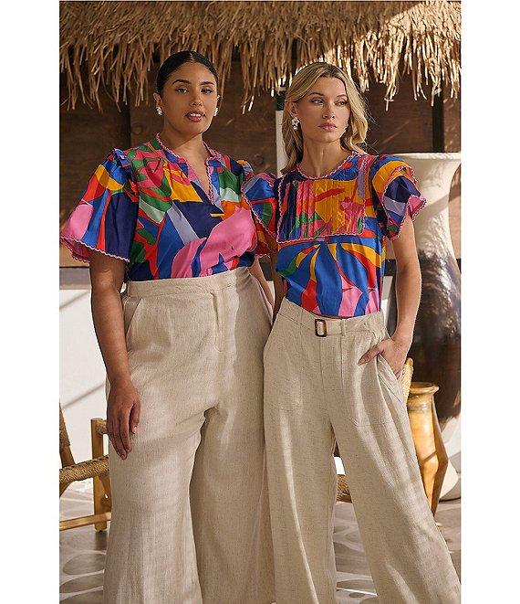 Sugarlips Tropical Abstract Floral Print Pin Tuck Lace Trim Top Product Image