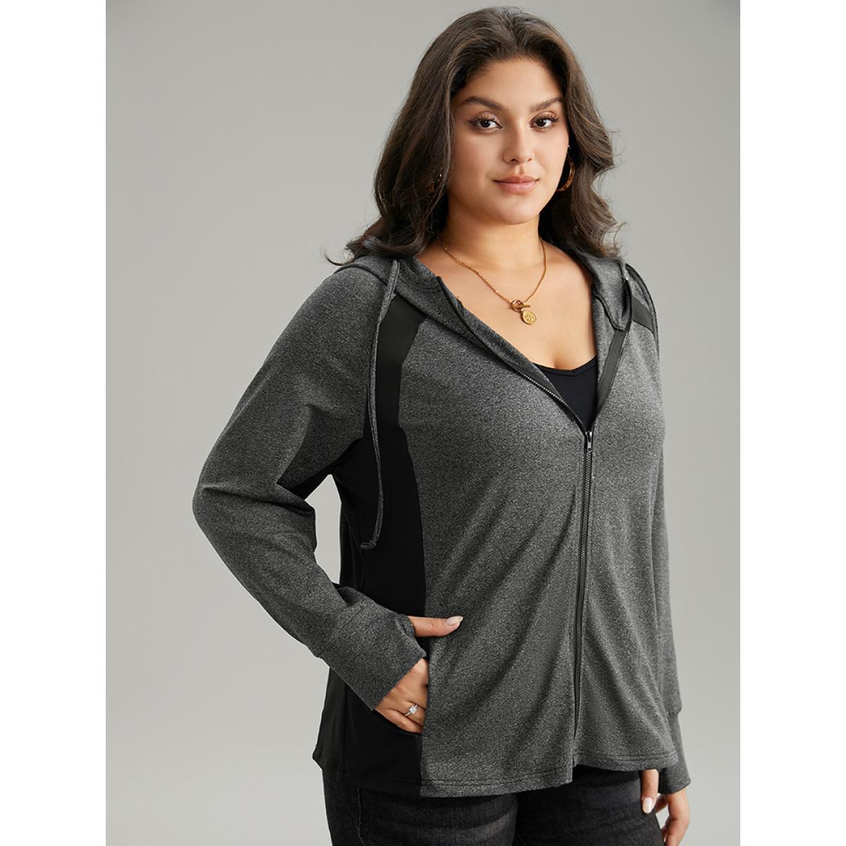 Plus Size Contrast Drawstring Zipper Hooded Jacket Women DimGray Contrast Pocket Dailywear Jackets BloomChic 30/6X Product Image