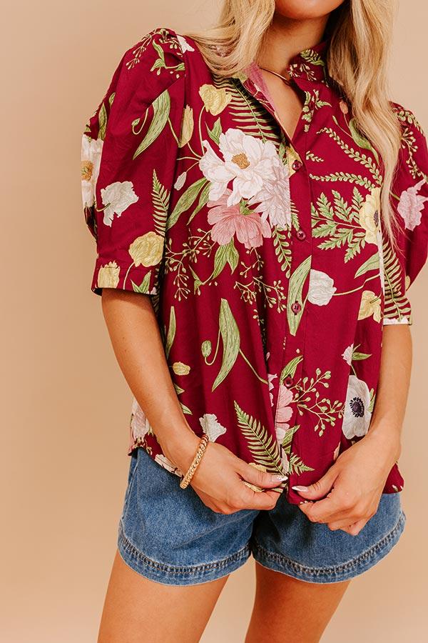 Dreaming Of Dahlias Button Up Top in Wine Product Image