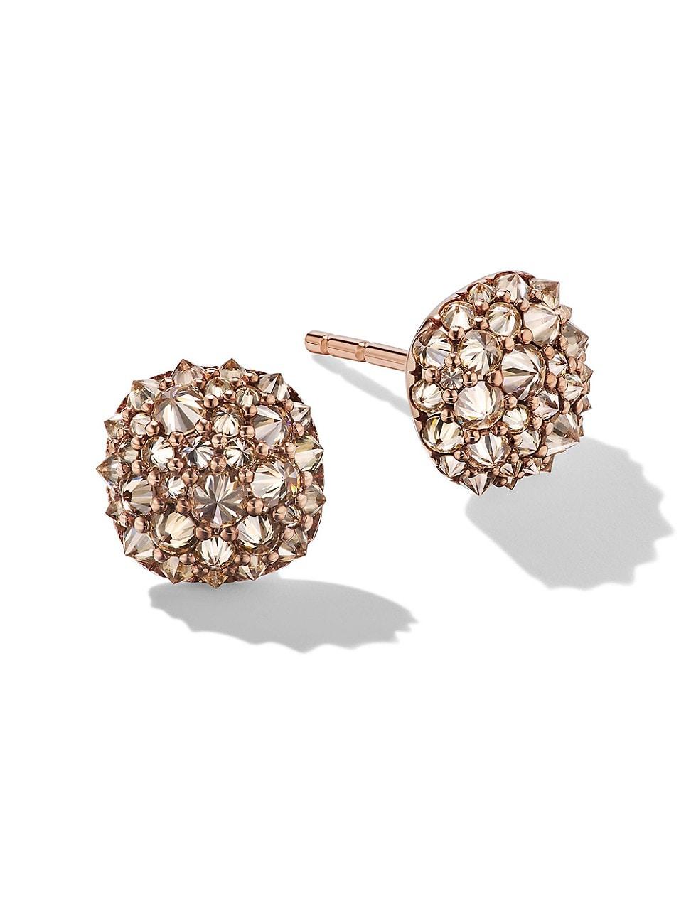 Womens Reverse Set Cushion Stud Earrings In 18K Rose Gold With Pav Cognac Diamonds Product Image