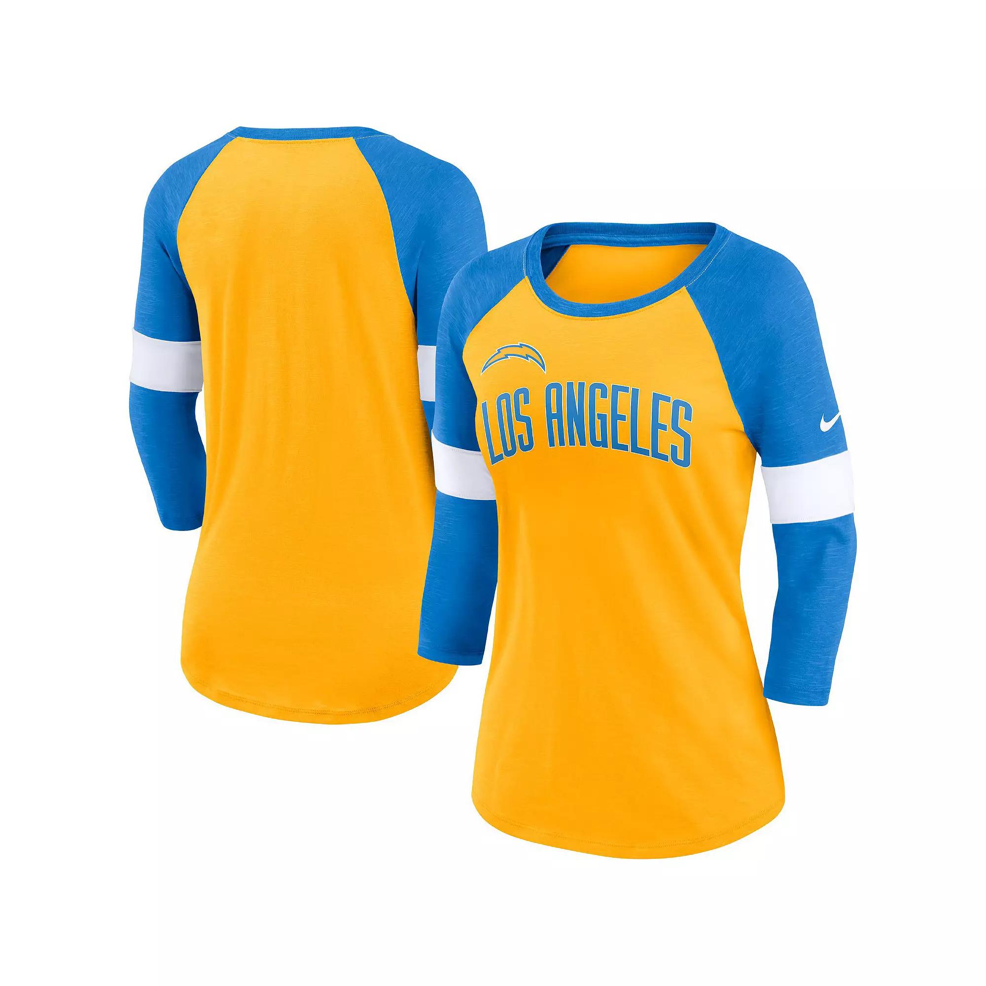 Women's Nike Los Angeles Chargers Heathered Gold/Heathered Powder Blue Football Pride Slub 3/4 Raglan Sleeve T-Shirt, Size: Large Product Image