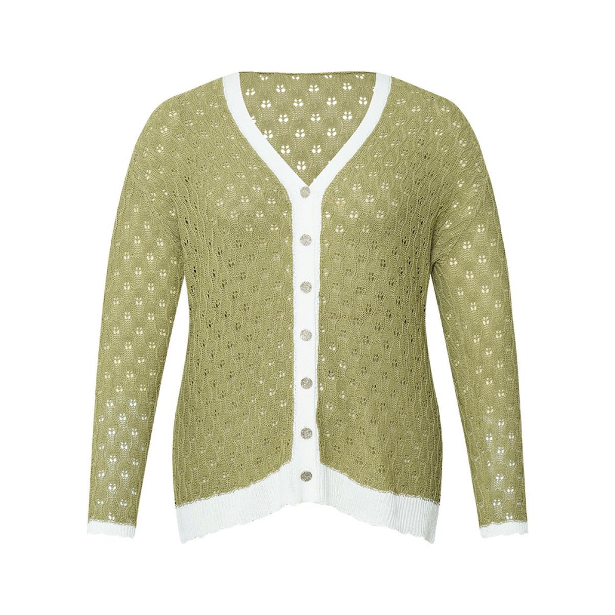Plus Size Two Tone Patchwork Cut Out Button Down Cardigan Olive Women Casual Loose Long Sleeve Work Cardigans BloomChic 18-20/2X Product Image