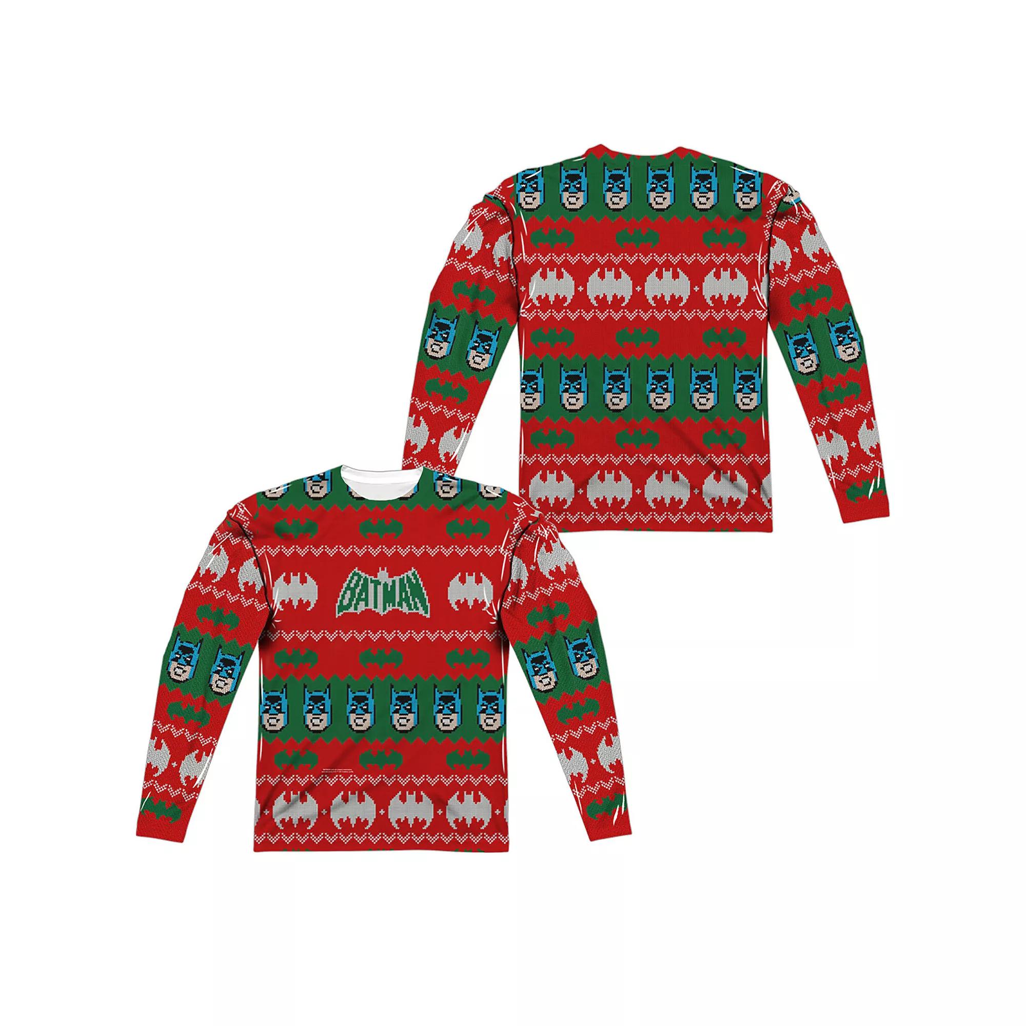 Men's Batman Holiday Sweater Sublimated Long Sleeve Tee, Size: XL, Black Product Image