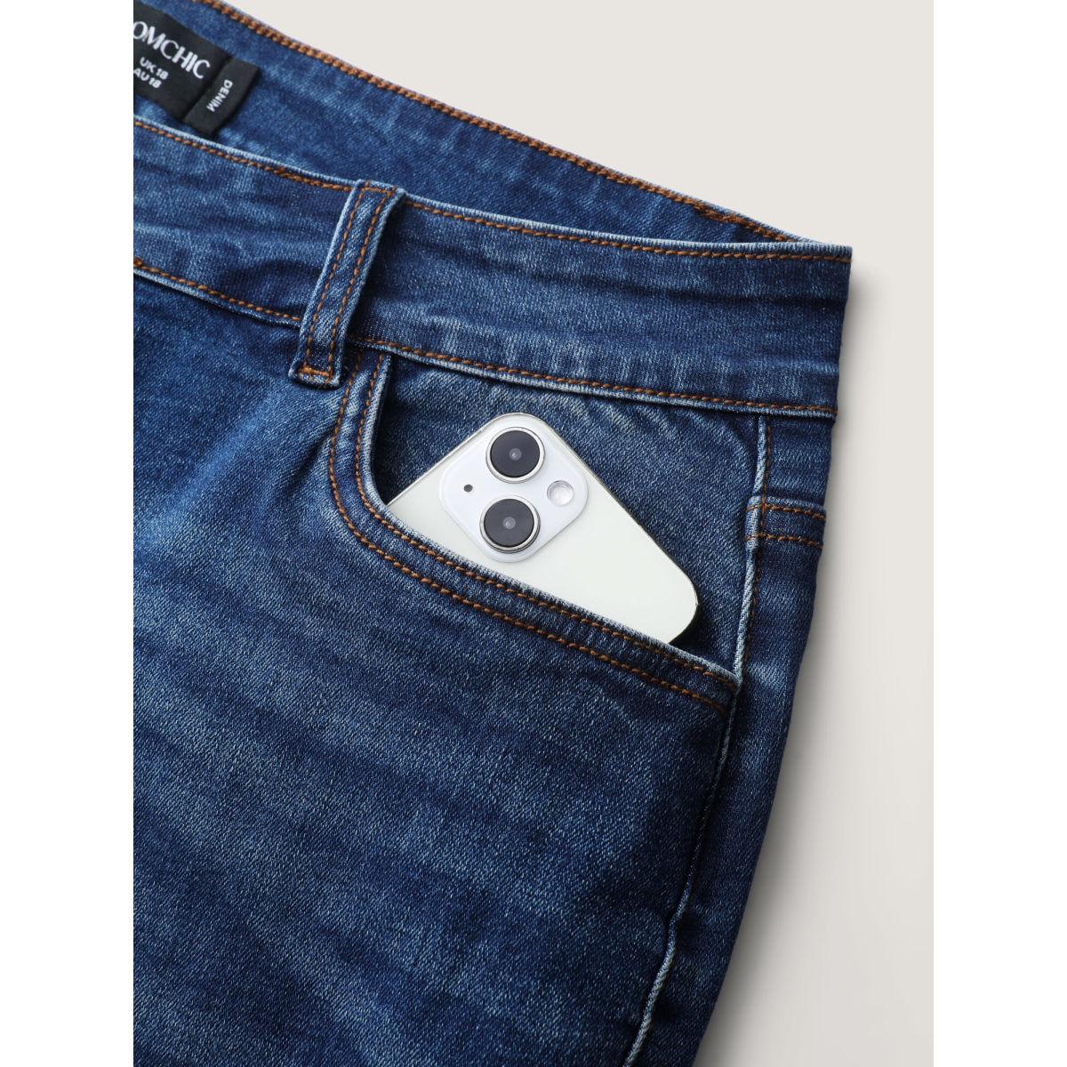 Plus Size Stretchy Mid-Rise Bootcut Jeans Women Midblue Leisure Contrast High stretch Slanted pocket Jeans BloomChic 16/1X Product Image