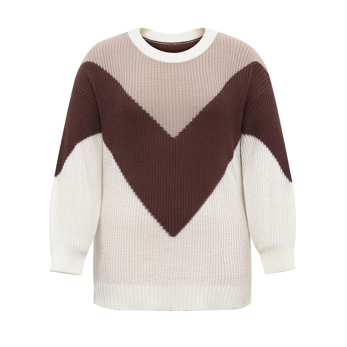 Plus Size Colorblock Lantern Sleeve Drop Shoulder Loose Pullover Multicolor Women Casual Loose Long Sleeve Round Neck Dailywear Pullovers BloomChic 26/4X Product Image