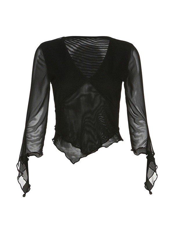 Asymmetric Patchwork Mesh Long Sleeve Crop Top Product Image