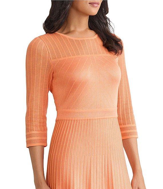 MISOOK Pleated Geometric Knit Round Neck Elbow Sleeve Fit-And-Flare Midi Dress Product Image