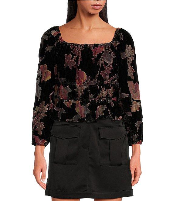 Skies Are Blue Velvet Burnout Floral Print Square Neck Long Sleeve Cropped Top Product Image