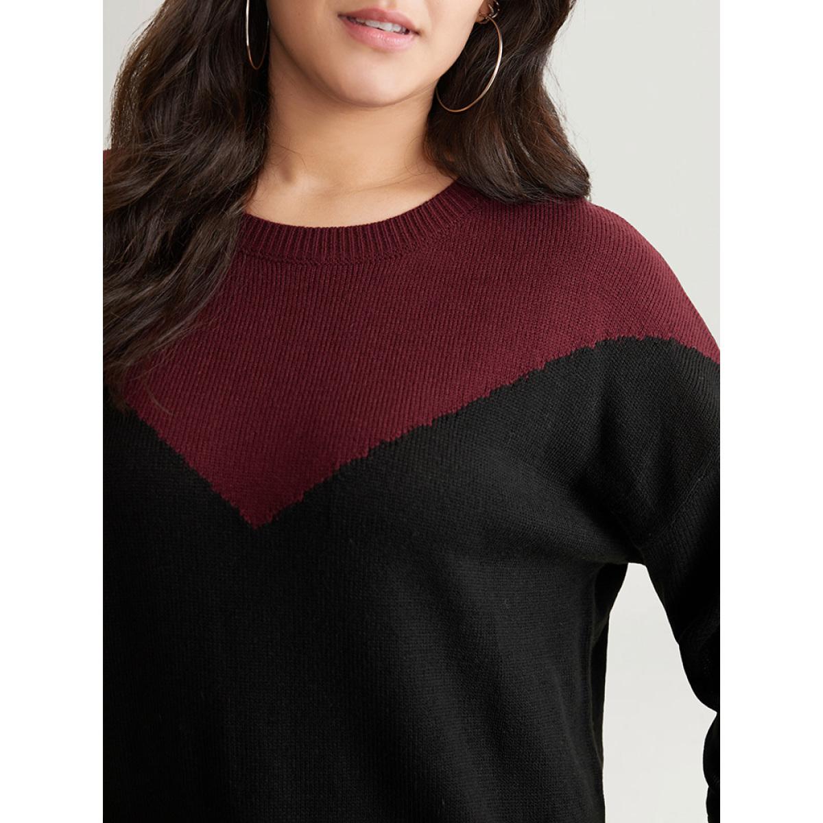 Plus Size Patchwork Colorblock Drop Shoulder Pullover Burgundy Women Casual Loose Long Sleeve Round Neck Dailywear Pullovers BloomChic 18-20/2X Product Image