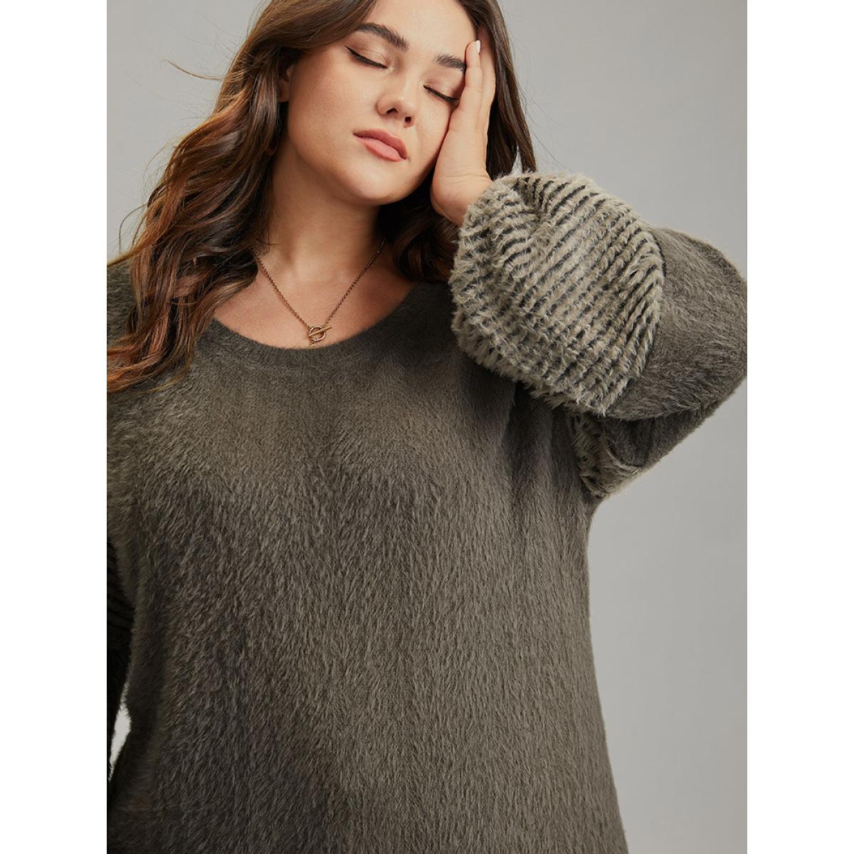 Plus Size Striped Patchwork Lantern Sleeve Fluffy Sweatshirt Women DarkBrown Casual Loose Round Neck Dailywear Sweatshirts BloomChic 10/M Product Image