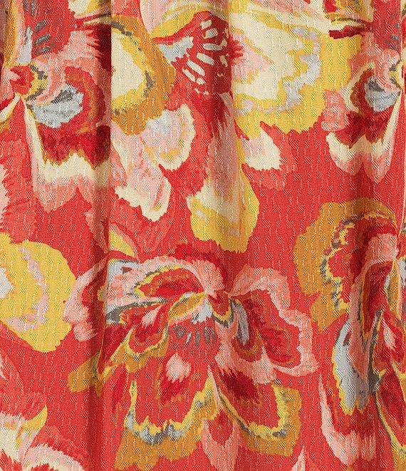 Democracy Petite Size Woven Floral Ruffled Trim Split-V Neck Short Bell Sleeve Top Product Image