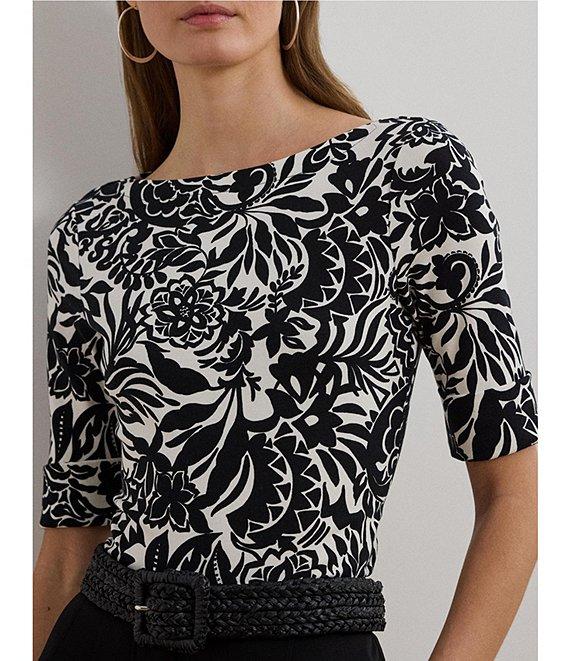 Lauren Ralph Lauren Petite Size Embroidered Floral Boat Neck Elbow Sleeve Tee Product Image