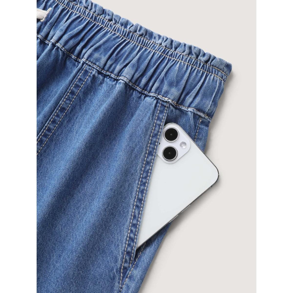 Plus Size Cotton Stretchy Waist Drawstring Classic Denim Shorts Women Midblue No stretch Casual Slanted pocket Leisure Denim Shorts BloomChic 18/2X Product Image