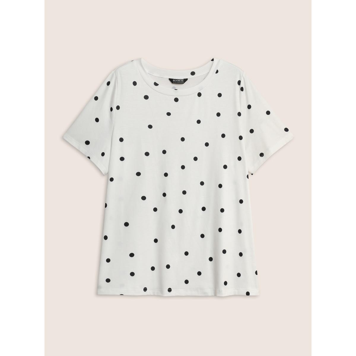 Plus Size Round Neck Polka Dot Contrast T-shirt Originalwhite Women At the Office Contrast Round Neck Work T-shirts BloomChic 10/M Product Image