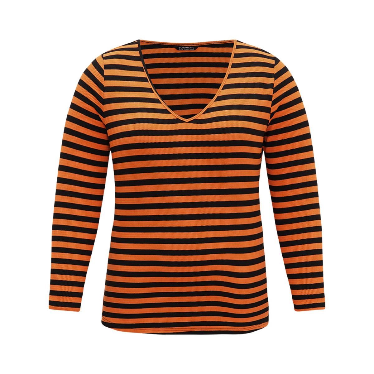 Plus Size Halloween V Neck Contrast Striped T-shirt Chocolate Women Casual Contrast Striped V-neck Festival-Halloween T-shirts BloomChic 18-20/2X Product Image