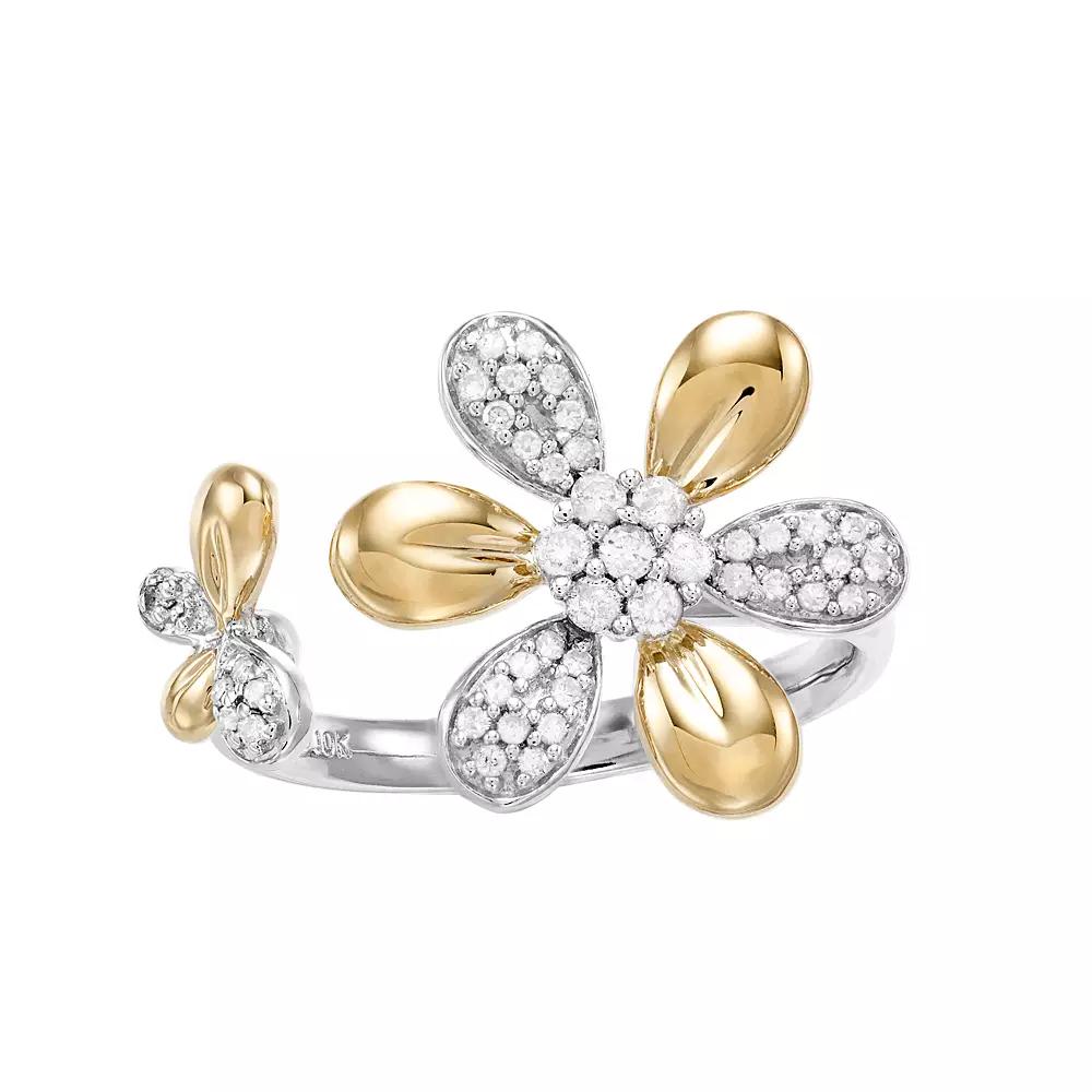 Two Tone Sterling Silver 1/4 Carat T.W. Diamond Flower Ring, Women's, Size: 6 Product Image