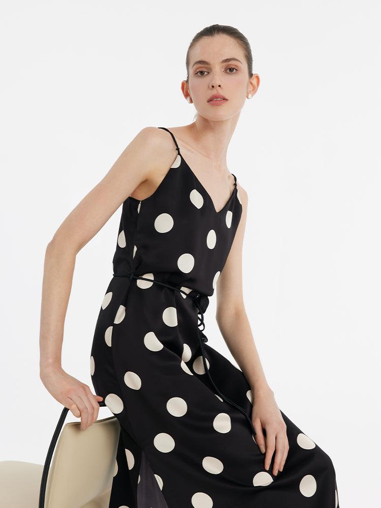 Acetate Polka Dots Print Spaghetti Strap Women Midi Dress With Rose Be Product Image