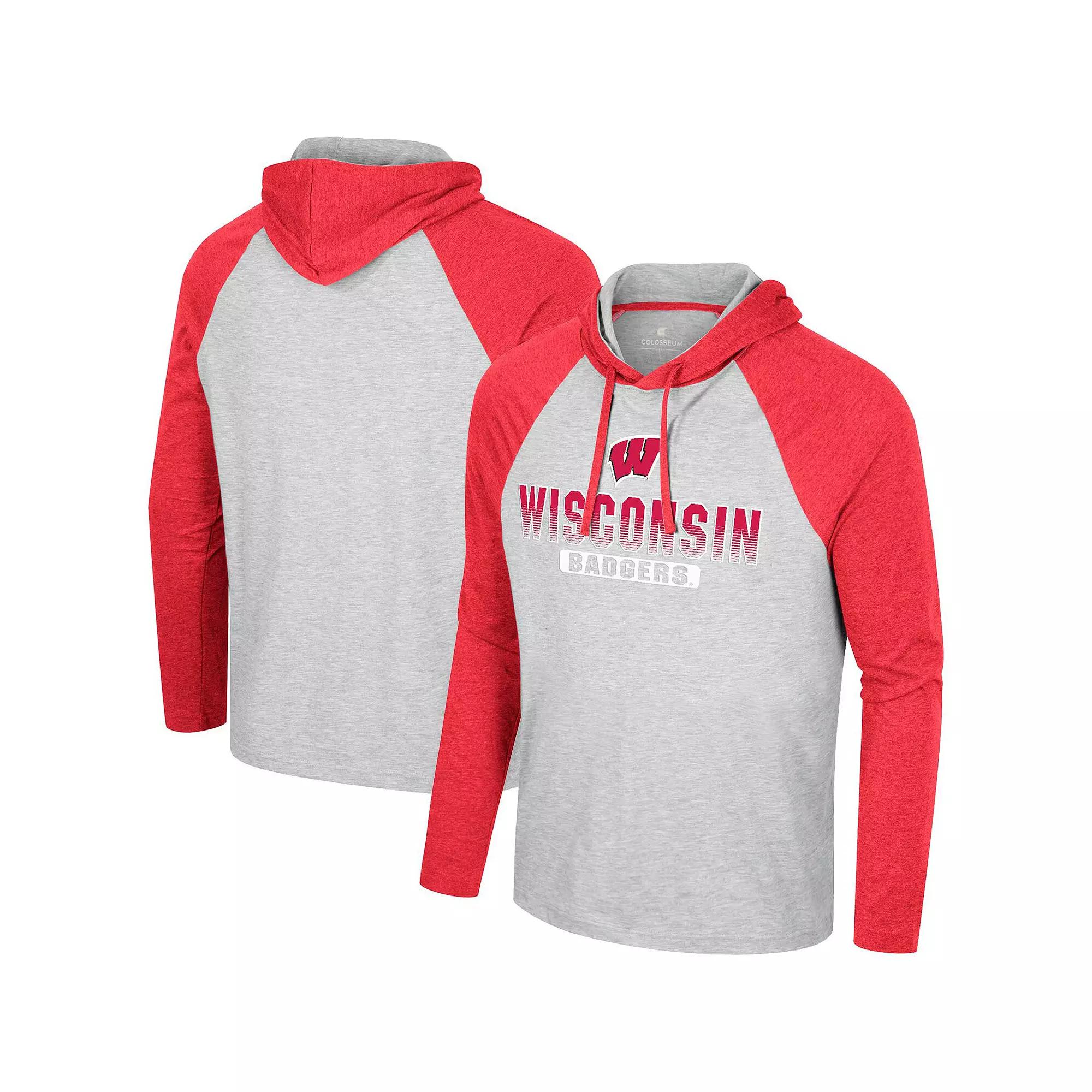 Men's Colosseum  Heather Gray Wisconsin Badgers Hasta La Vista Raglan Hoodie Long Sleeve T-Shirt, Size: Medium, Grey Product Image
