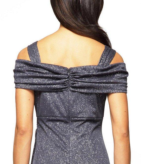 Alex Evenings Glitter Mesh Cowl Neck Cold Shoulder Cap Sleeve Side Slit Ruched Gown Product Image