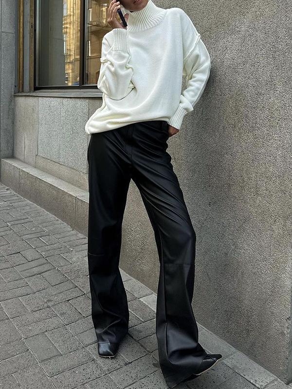 Long Sleeves Loose Solid Color Split-Joint High Neck Pullovers Sweater Tops Product Image