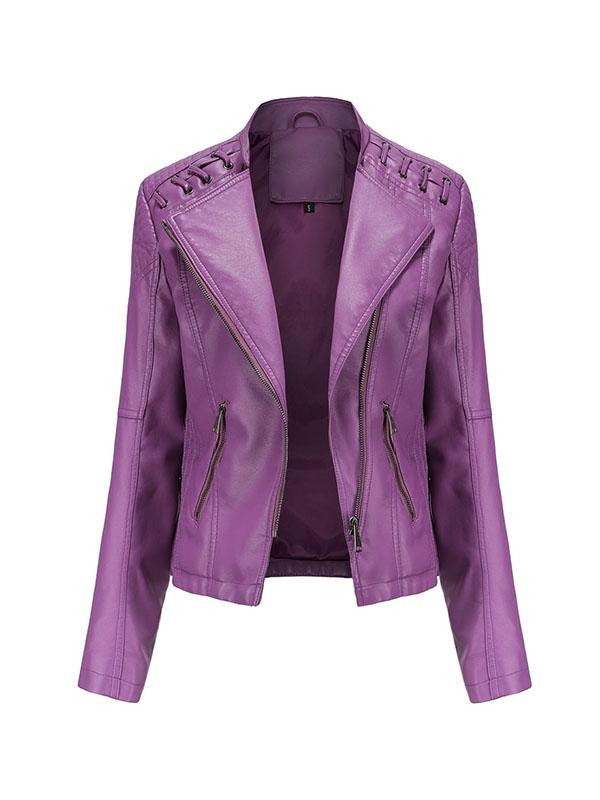 Long Sleeves Split-Joint Zipper Mock Neck PU Jackets Outerwear Product Image