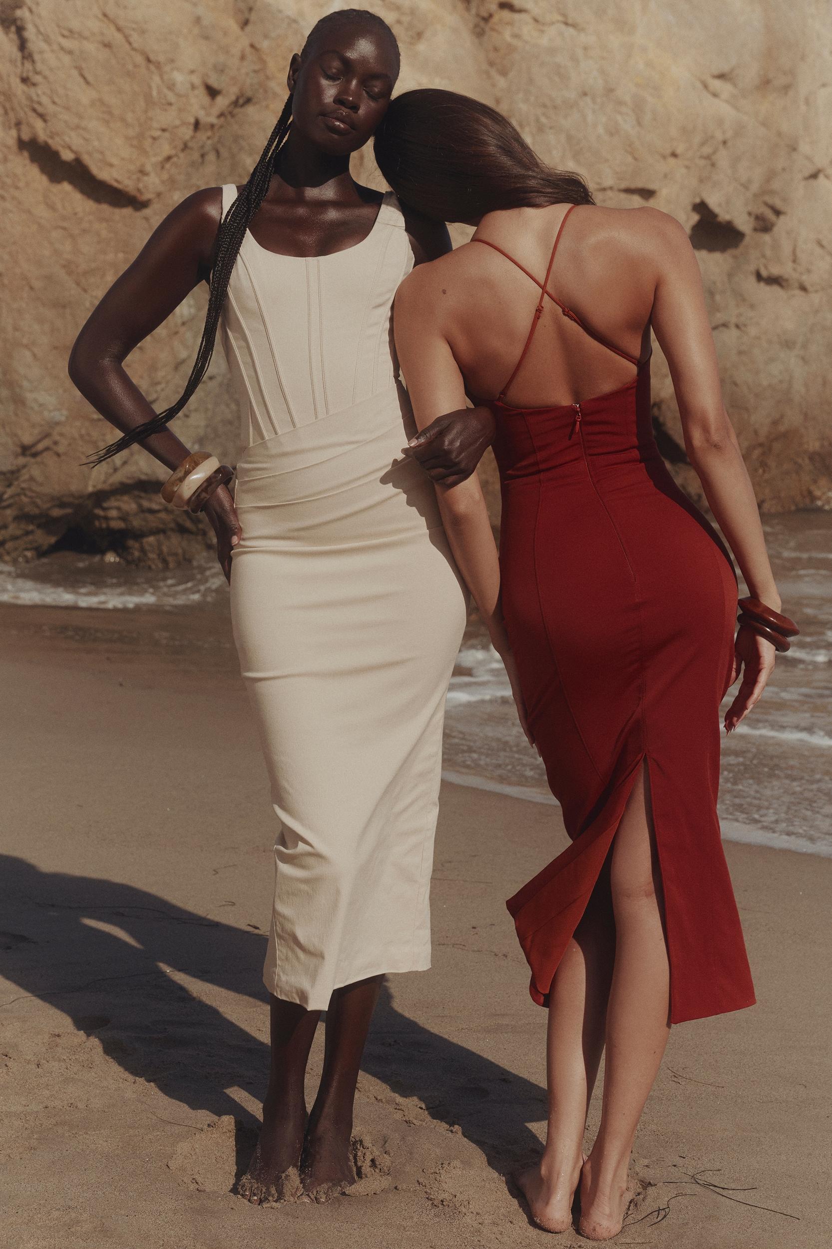 Ria  terracotta stretch cotton fitted midi dress Product Image