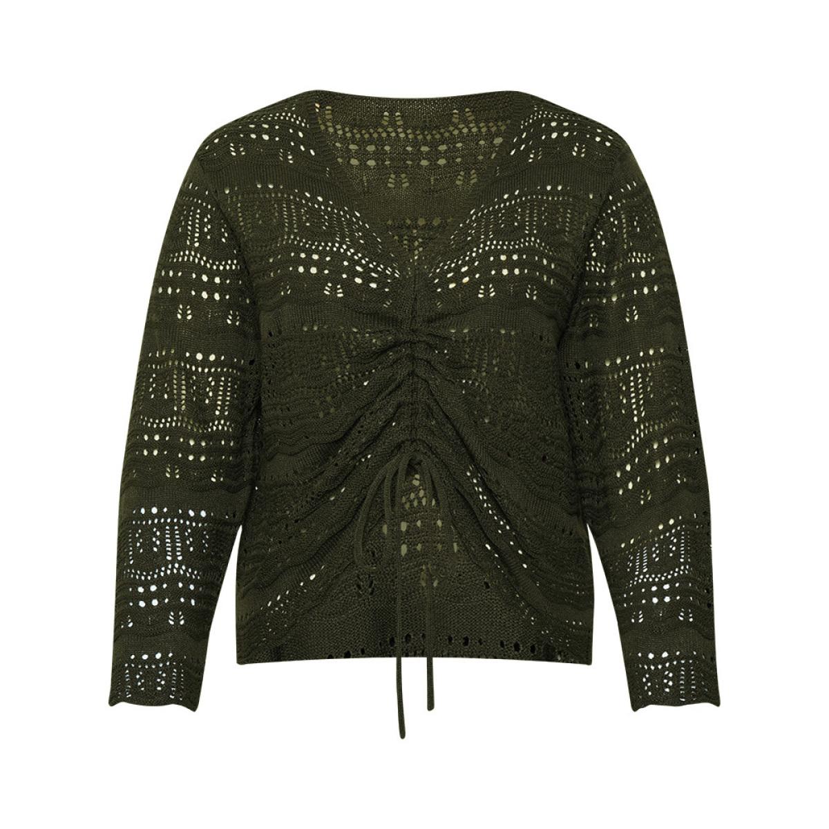 Plus Size Plain Drawstring Hem V Neck Pullover ArmyGreen Women Casual Loose Long Sleeve V-neck Everyday Pullovers BloomChic 26/4X Product Image