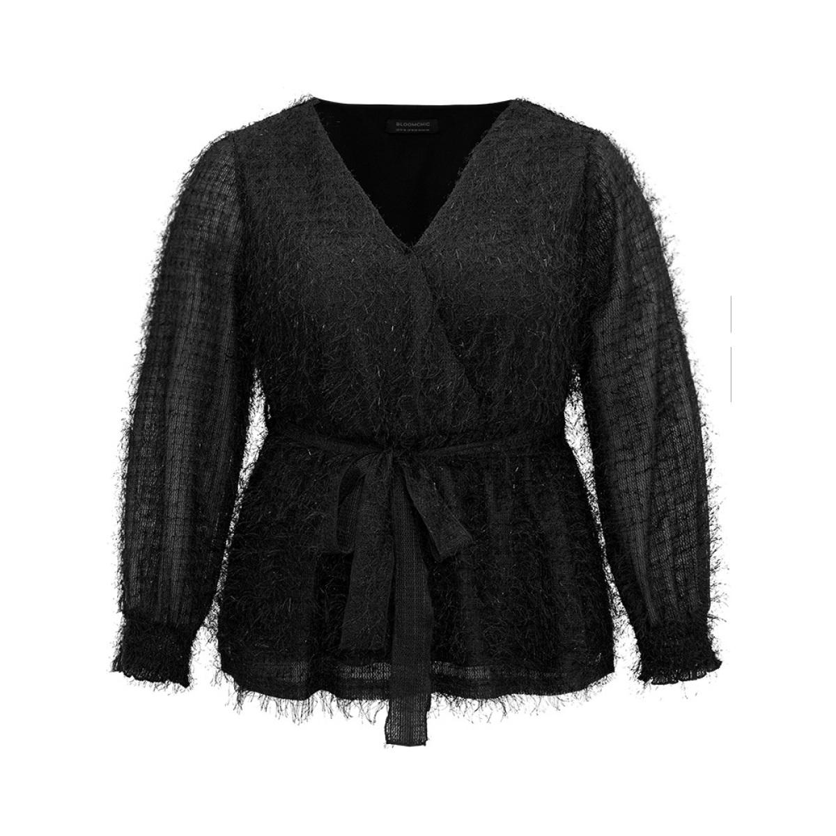 Plus Size Black Solid Tassel Mesh Patchwork Belted Wrap Blouse Women Glamour Long Sleeve Overlap Collar Festival-Christmas Blouses BloomChic 18-20/2X Product Image