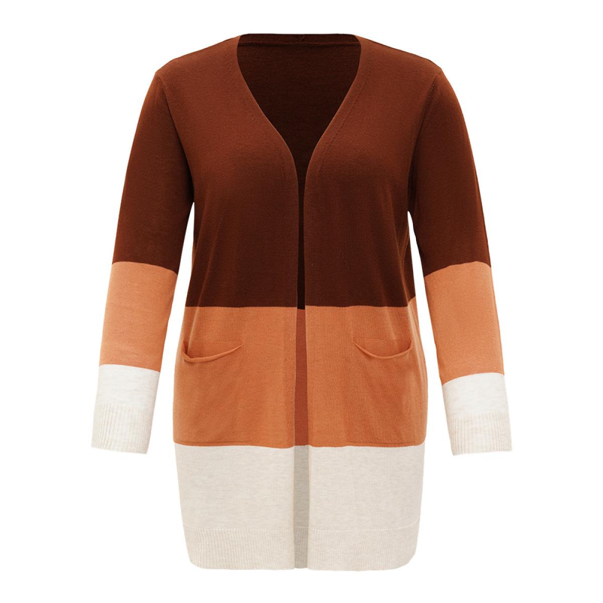 Plus Size Supersoft Essentials Colorblock Contrast Pocket Open Front Cardigan Orange Women Casual Loose Long Sleeve Everyday Cardigans BloomChic 28/5X Product Image