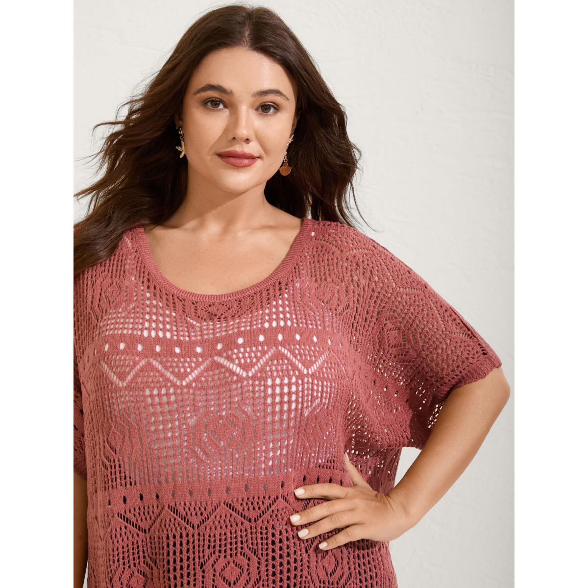 Plus Size Crochet Slit Tassels Swim Cover-Up Women's Swimwear Rust Beach Loose Texture Curve Swim Cover Ups BloomChic 18-20/2X Product Image