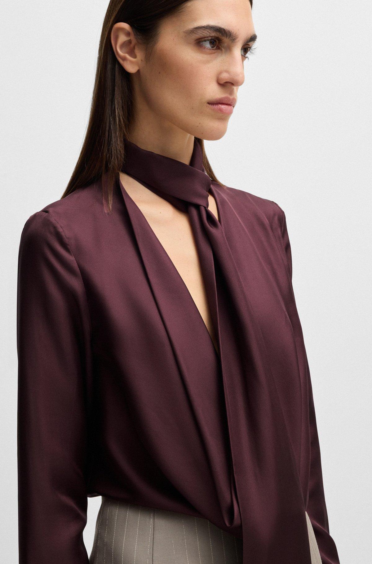BOSS - Regular-fit blouse in silk twill with scarf neckline - Light Brown Product Image
