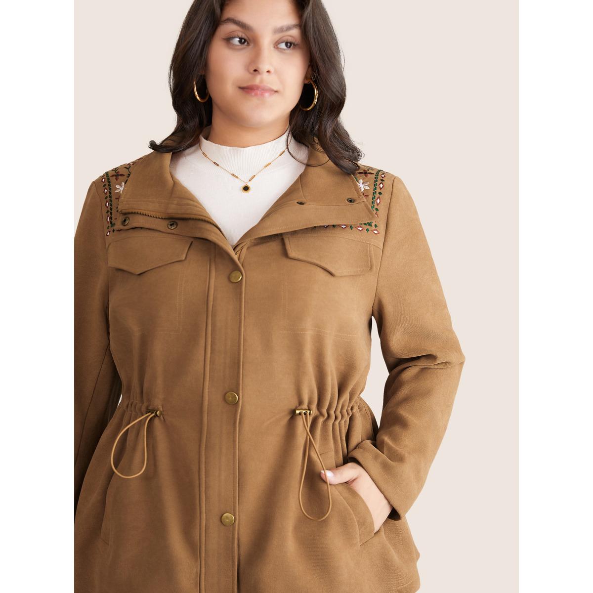Plus Size Ditsy Floral Embroidered Drawstring Pocket Jacket Women LightBrown Lined Pocket Dailywear Jackets BloomChic 12/L Product Image