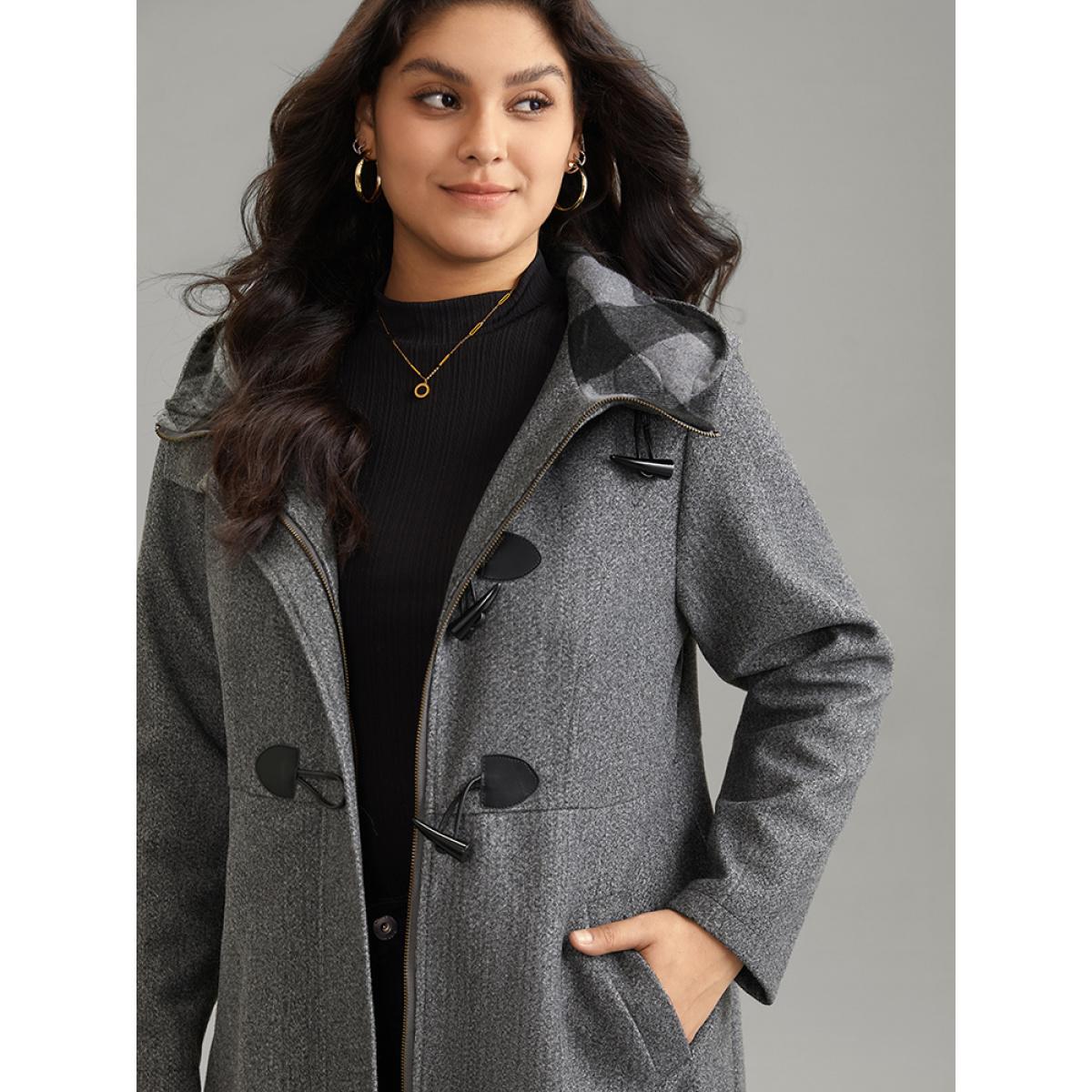 Plus Size Plaid Hooded Pocket Duffle Button Tunic Coat Women DimGray Casual Lined Loose Ladies Everyday Winter Coats BloomChic 30/6X Product Image