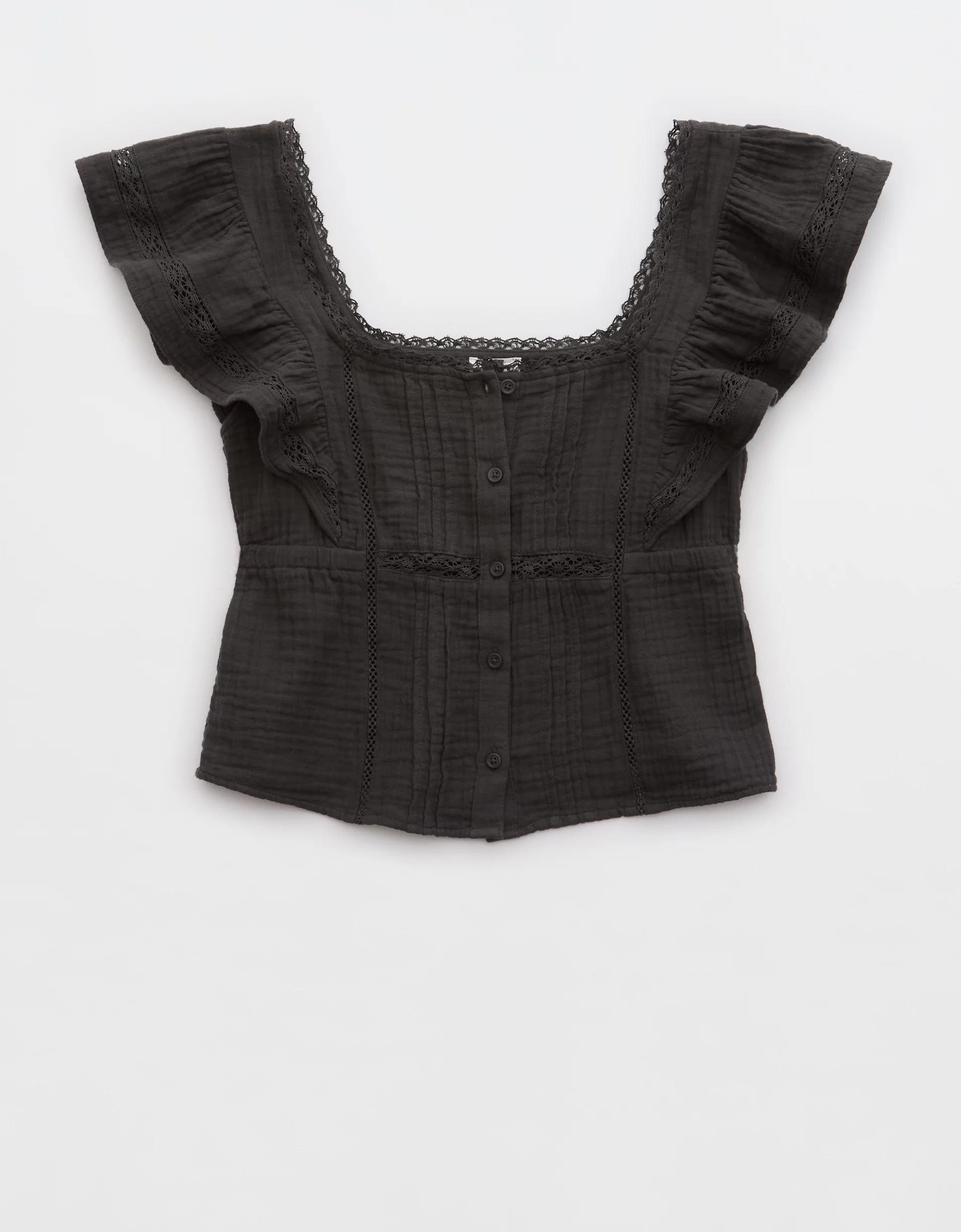 Aerie Button Front Ruffle Sleeve Top Product Image