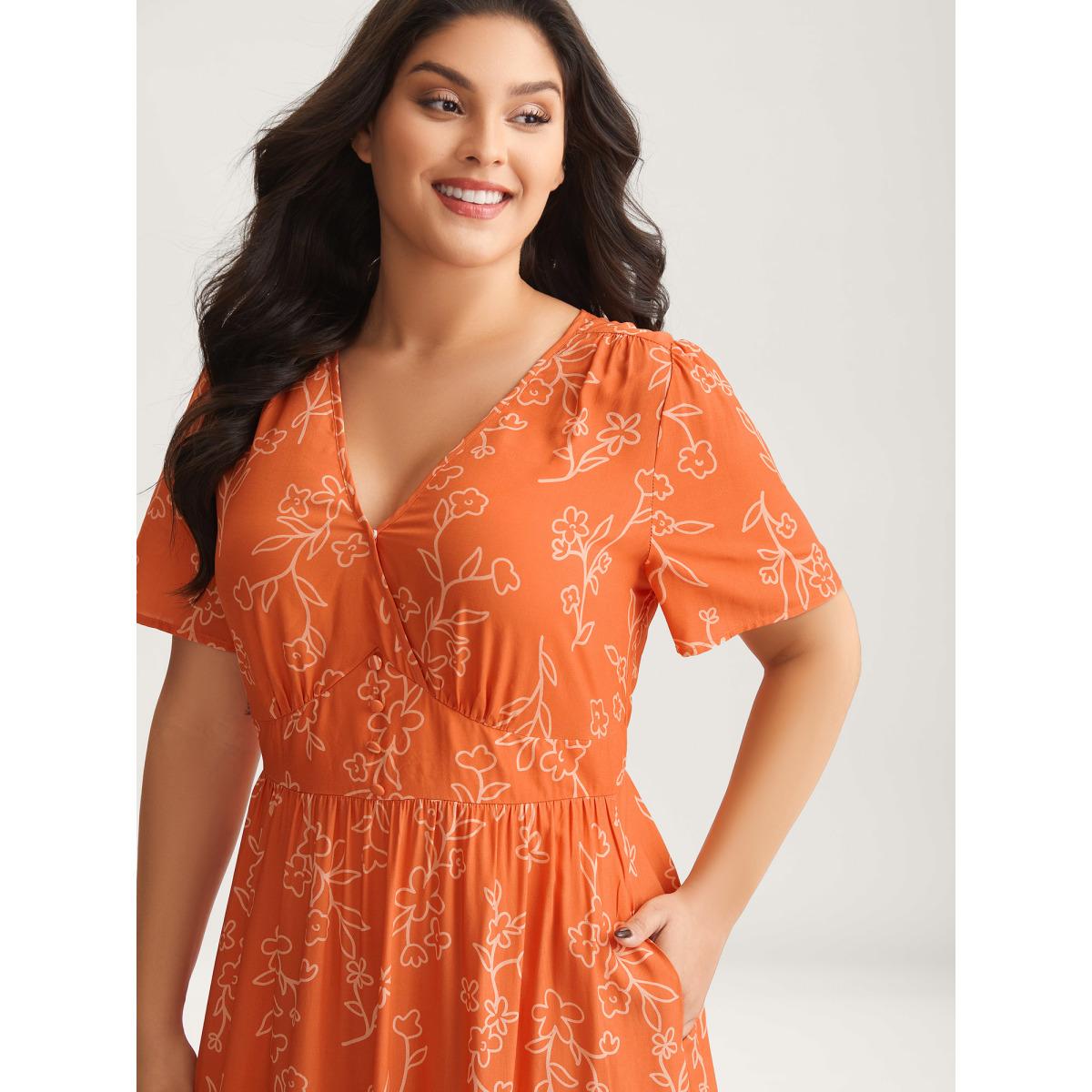 Plus Size Rayon Silhouette Floral Print Midi Dress Rust Women Leisure Overlap Collar Short sleeve Curvy BloomChic 12/L Product Image