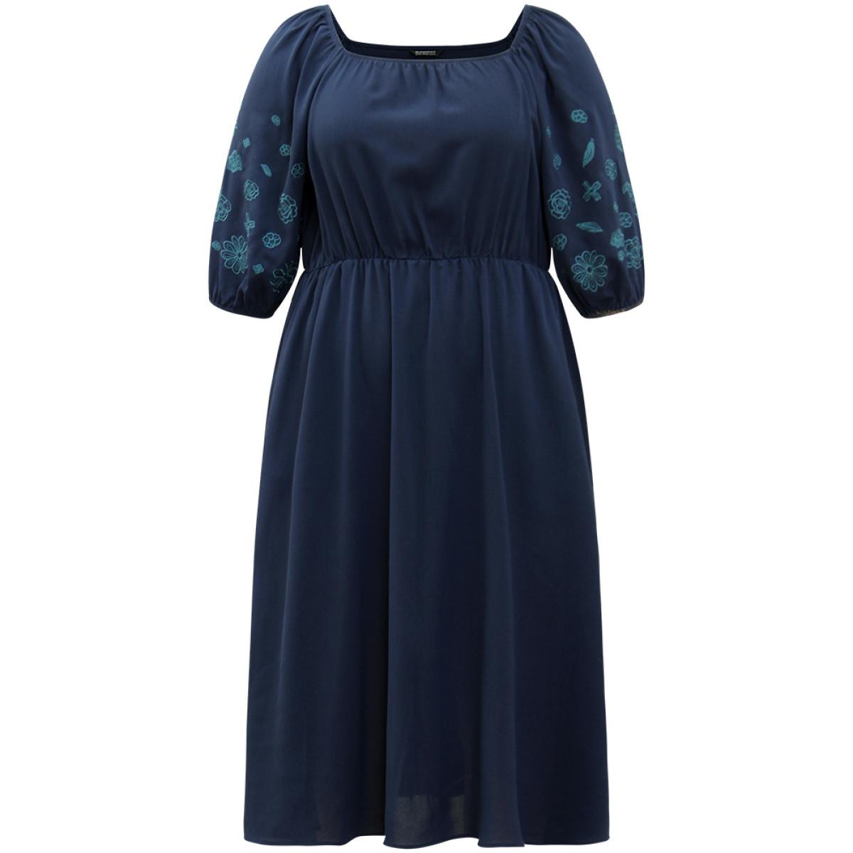 Plus Size Floral Embroidered Pocket Square Neck Lantern Sleeve Dress Indigo Women Elegant Elastic cuffs Square Neck Half Sleeve Curvy Midi Dress BloomChic 28/5X Product Image