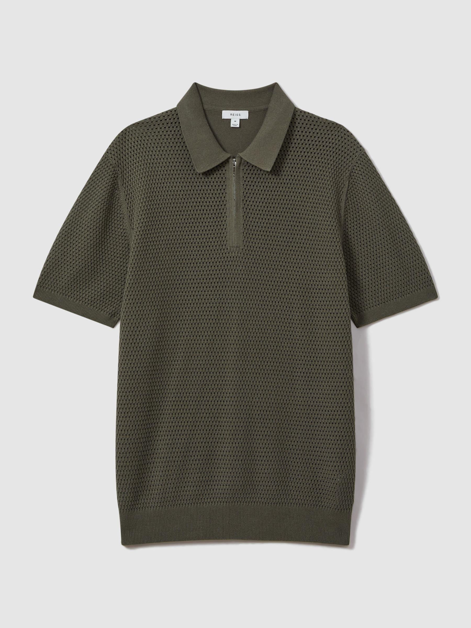 Cotton Blend Textured Half-Zip Polo Shirt in Dark Sage Product Image