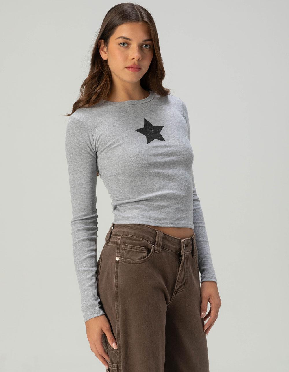 RSQ Womens Star Long Sleeve Baby Tee - GRAY Product Image