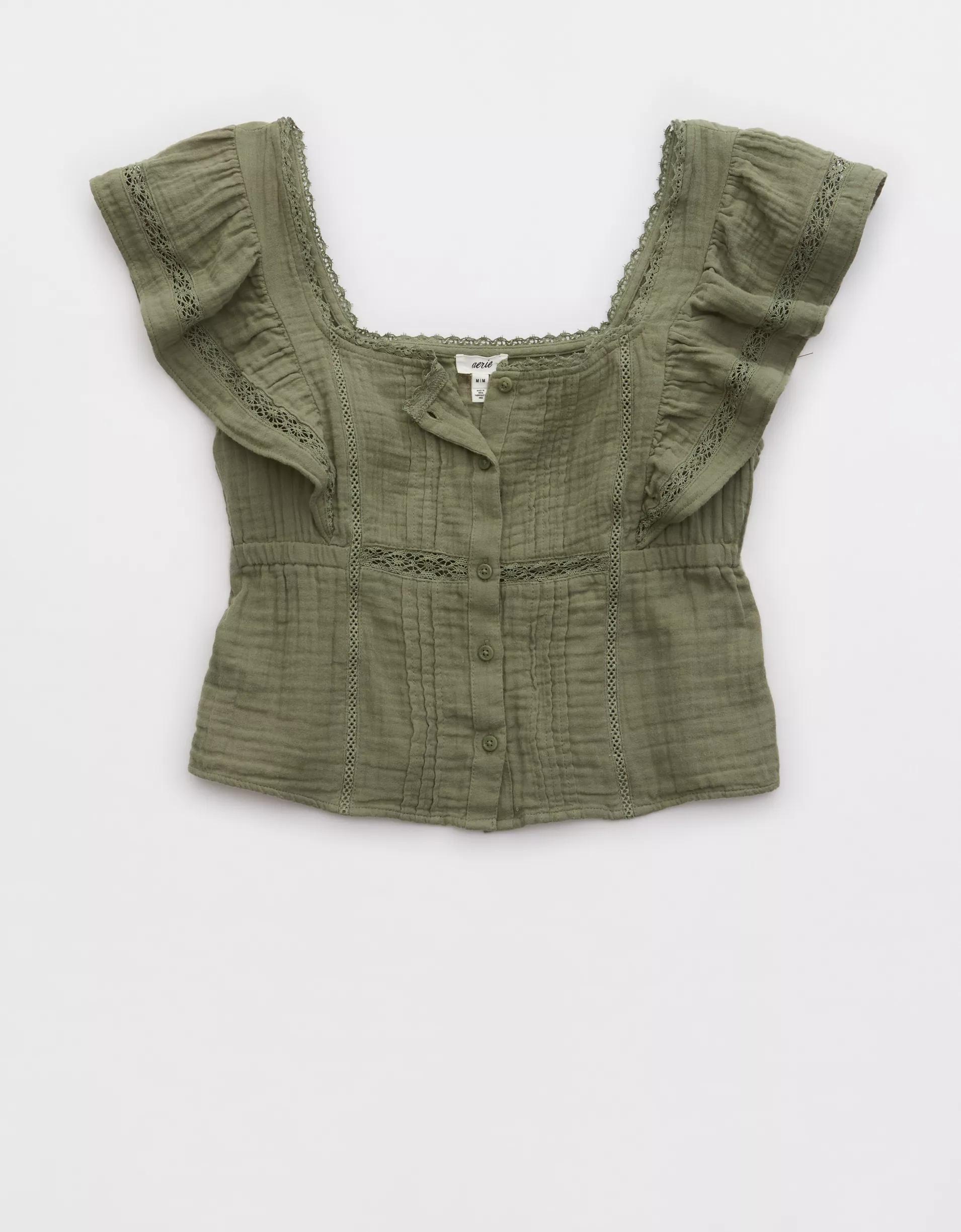 Aerie Button Front Ruffle Sleeve Top Product Image
