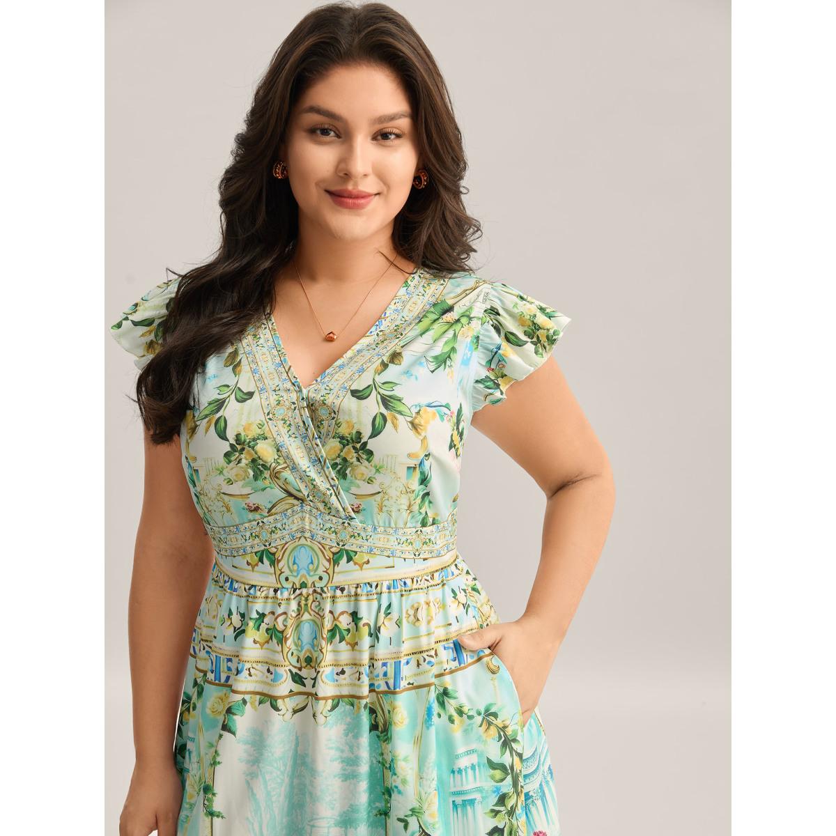 Plus Size Breezy Print Surplice Neck Ruffled Midi Dress Malachitegreen Women Overlap Collar Cap Sleeve Curvy BloomChic 18-20/2X Product Image