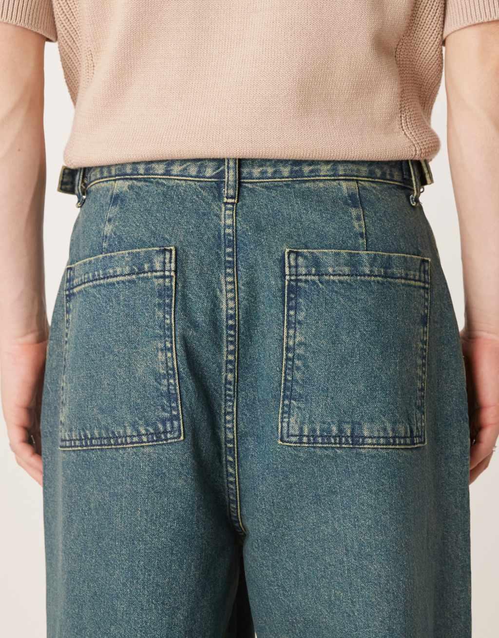 ASOS DESIGN double pleated jeans with side ties in mid wash blue Product Image