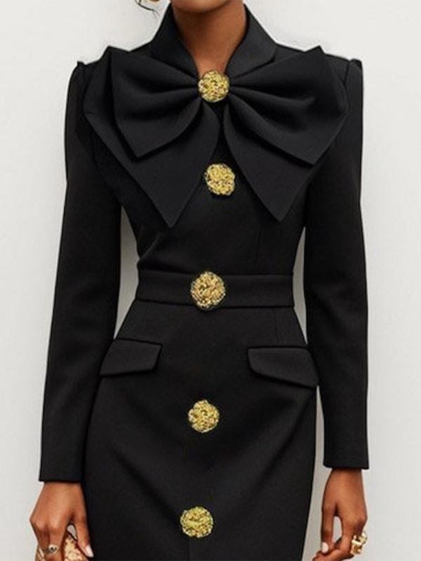 Long Sleeves Skinny Buttoned Solid Color Split-Front Stand Collar Midi Dresses Shirt Dress Product Image