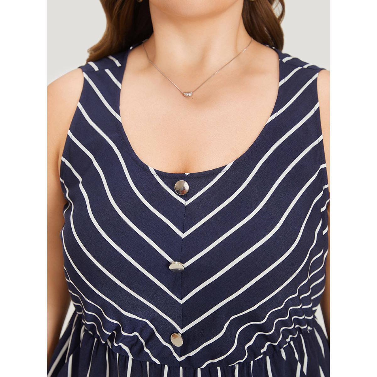 Plus Size Striped Button Detail Elastic Waist Pocket Tank Dress DarkBlue Women Elegant Elastic Waist Scoop Neck Sleeveless Curvy Midi Dress BloomChic 12/L Product Image