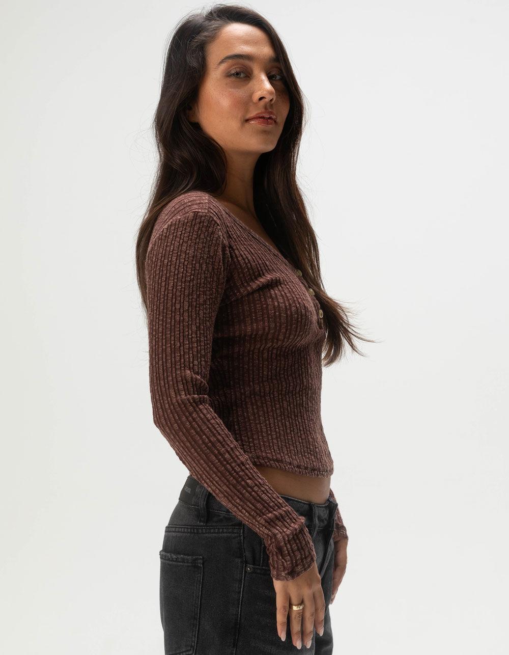 FULL TILT Womens Rib Long Sleeve Henley Top - BURGUNDY Product Image