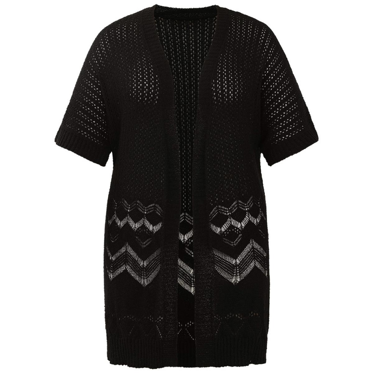 Plus Size Plain Pointelle Knit Open Front Batwing Sleeve Cardigan Black Women Casual Short sleeve Everyday Cardigans BloomChic 28/5X Product Image