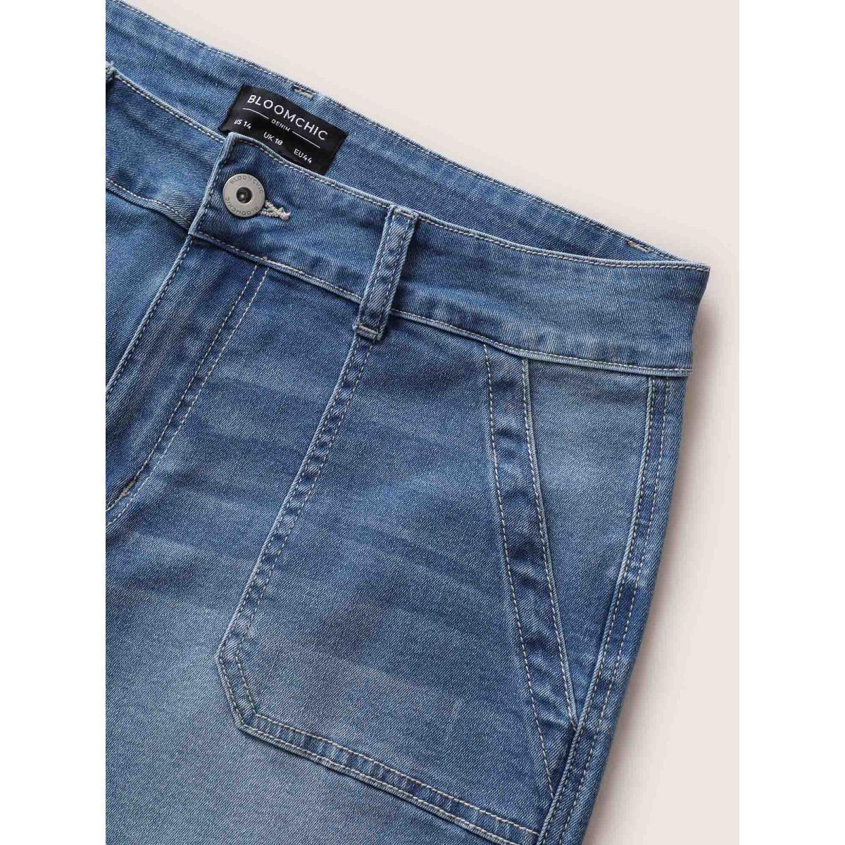 Plus Size Medium Wash High Stretch Denim Skinny Shorts Women Blue Button High stretch Everyday Pocket Casual Denim Shorts BloomChic 24/3X Product Image